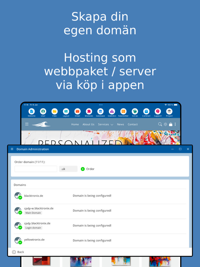 Domänhantering i appen – tablet skärmdump