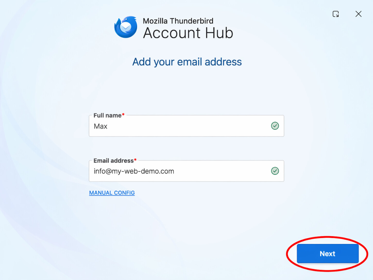 Thunderbird-Kontoeinrichtung auf dem Mac mit Eingabefeldern für Namen und E-Mail-Adresse